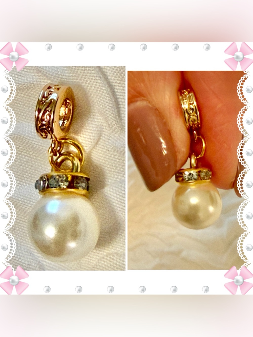 Charm / pendant - round faux pearl - gold tone w/ clear rhinestones - New!